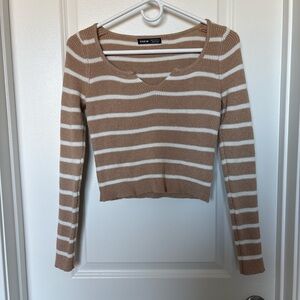 SHEIN Beige and White Striped Longsleeve Knit Top Slight Crop Size Medium